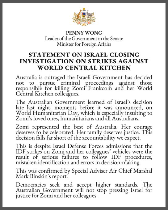 EvanDyerCBC's tweet photo. The Australian government declares itself "outraged" at Israel's "insulting" decision not to investigate the IDF's killings of 7 WCK aid workers, including Australian Zomi Frankcom and Canadian Forces veteran Jacob Flickinger.
Canada so far has no comment. https://t.co/6EqK5SW4dk