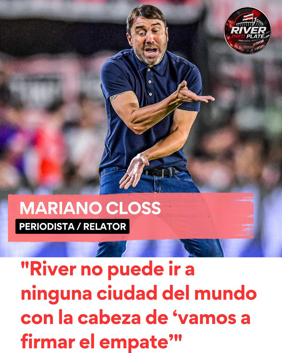 RiverInfoPlate's tweet photo. 🎙️Mariano Closs, periodista, en ESPN criticó a Eduardo Coudet: “Va a tener que pensar mejor las cosas. River no puede ir a ninguna ciudad del mundo con la cabeza de ‘vamos a firmar el empate’, porque suena a que armás el equipo para no ganar. Atacó poquito River.

Facundo González la pasó mal, sufrió mucho. Yo le daba la derecha a lo que hizo Coudet con la defensa que paró porque el chico jovencito… me parecía que si vio bien en el entrenamiento a González, ¿para qué poner a un chico que no jugó nunca? (en referencia a Yutiel Susano). Después… ya visto el partido, Martínez Quarta no anduvo muy bien, pero no anduvo muy bien el equipo en general.

Perdón, no es contra Rivero, pero me parece que la 6 es muy importante para la historia de River. Porque era zurdo yo creo que Gallardo se apuró en ponerlo, por eso lo hicieron volver de Central Córdoba, pero me parece que es demasiado.

En síntesis, el equipo no jugó bien. ¿Lo atribuimos a la alineación o a la postura, a lo que quiso hacer Coudet?

Moreno no está bien, Vera no sé si está incómodo o bajó el rendimiento o nos quedamos con lo que fue en Argentinos, y me cambian la ecuación el resto. Por ahí Andrada sí, pero no les veo peso a los chicos del medio.

Después está la postura del equipo y la forma de jugar, pero… Yo pensé que Freitas iba a jugar de delantero, pero me parece que conceptualmente ya lo tiene por la franja.

Yo creo que Chacho va a tener que pensar mejor las cosas en cuanto al dispositivo del equipo, dónde ubica a los jugadores, porque cuando vengan los resultados malos va a pasar esto: en dónde ponés a este, por qué ponés a este acá, por qué la mitad de la cancha es esta… Me parece que tiene que armar el equipo de acuerdo a lo que mejor rinden los chicos y no a lo que él pretende de los chicos. Me parece que River no amerita estar haciendo prueba de jugadores, cambiándolos de posición. Vos ya tendrías que tener al jugador natural de esa posición con las posibilidades que tenés. A Freitas lo subieron a Primera porque era otra cosa…”