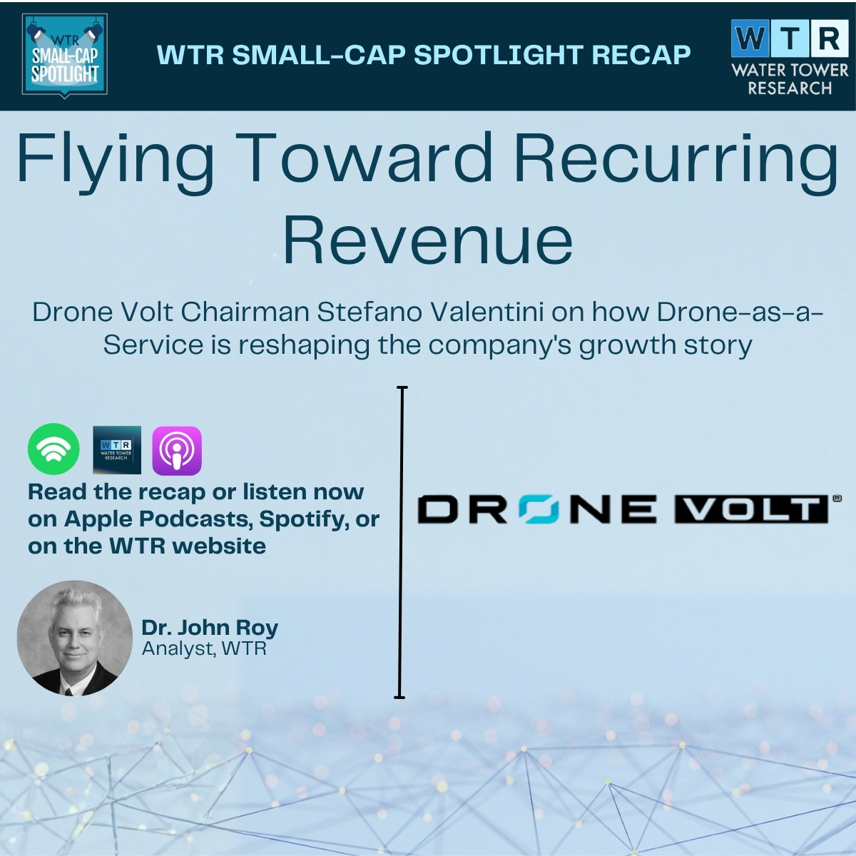 WTR_Research's tweet photo. Drone Volt just posted 19% revenue growth and a fast-scaling services business, and a NASDAQ listing could be next.

Here's what Chairman Stefano Valentini had to say.

Read the full recap, or listen now on Apple Podcasts, Spotify, or on the WTR website.

Recap: https://t.co/urbY0P16vS
Platforms: https://t.co/Bicsif6ARY
Website: https://t.co/gJjl5OTmXV

#DroneVolt #Drones #AI #Aerospace #DaaS #SmallCapStocks #NASDAQ #EquityResearch @drone_volt