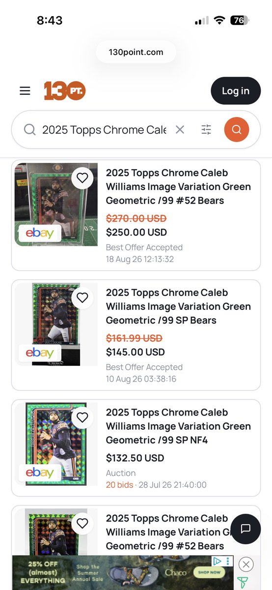 a_pep11's tweet photo. 2025 Topps Chrome Caleb Williams Image Variation Green Geometric /99 $150 shipped (last three comps attached) #PepSales https://t.co/hEv7s9QIyX