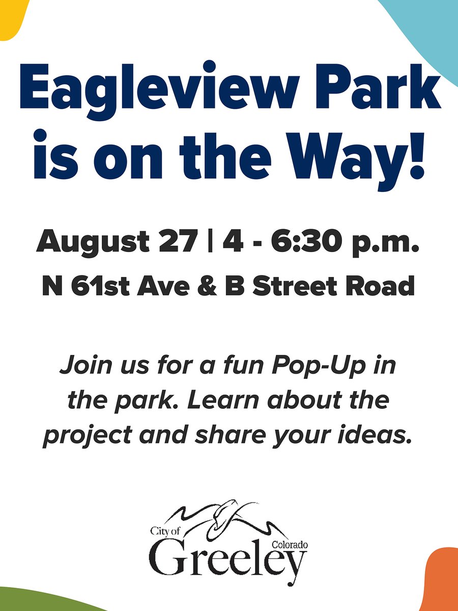 greeleygov's tweet photo. Join us at a fun Pop-Up event to learn about future Eagleview Park and share your ideas!
  
🗓️ Thursday, August 27
🕓 4:00 to 6:30 p.m.
📍 Eagleview Park (N 61st Avenue &amp; B Street)

We are committed to working with you to create a vibrant community park! https://t.co/tY4VBbqbV6