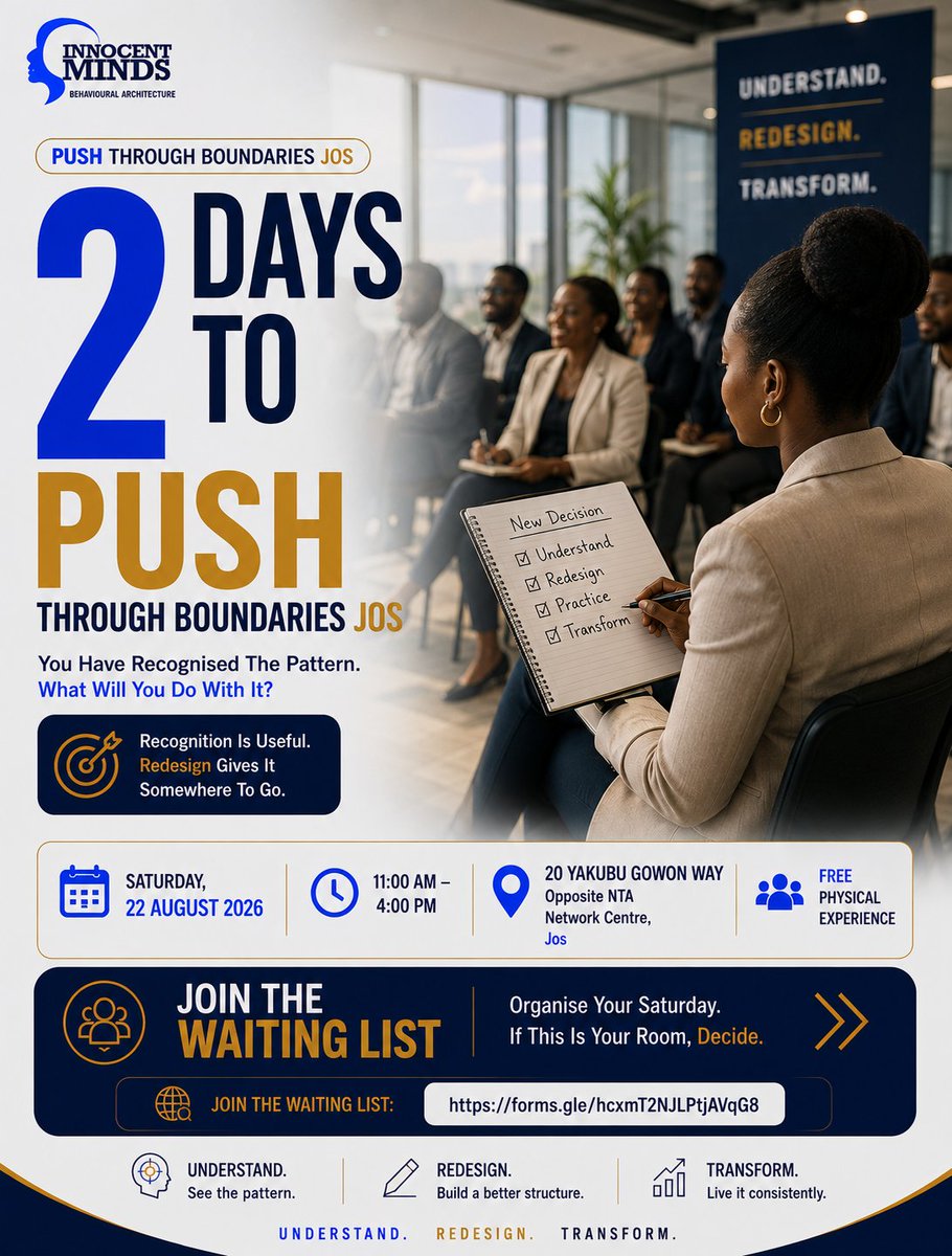 InnocentUsar's tweet photo. You may not need another promise to “be disciplined.”

You may need to identify the exact moment your structure collapses.

What triggers it?

What wins immediately?

What must become easier?

PUSH Jos is Saturday.

If the question is yours, come work with it.

If not, send it to one person whose next level needs better structure.