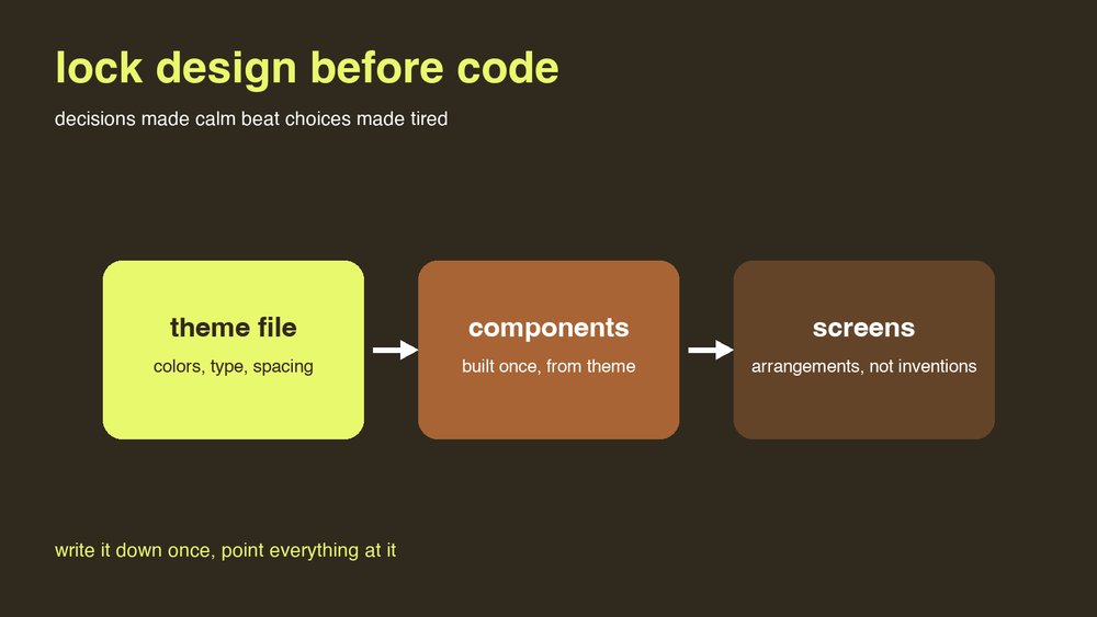 jermill's tweet photo. Lock design before code:

the theme file holds every color, size, and spacing as a named value
components get built once, from the theme
screens become arrangements, not inventions

Decisions made calm beat choices made tired. https://t.co/xTRuwTyPZW