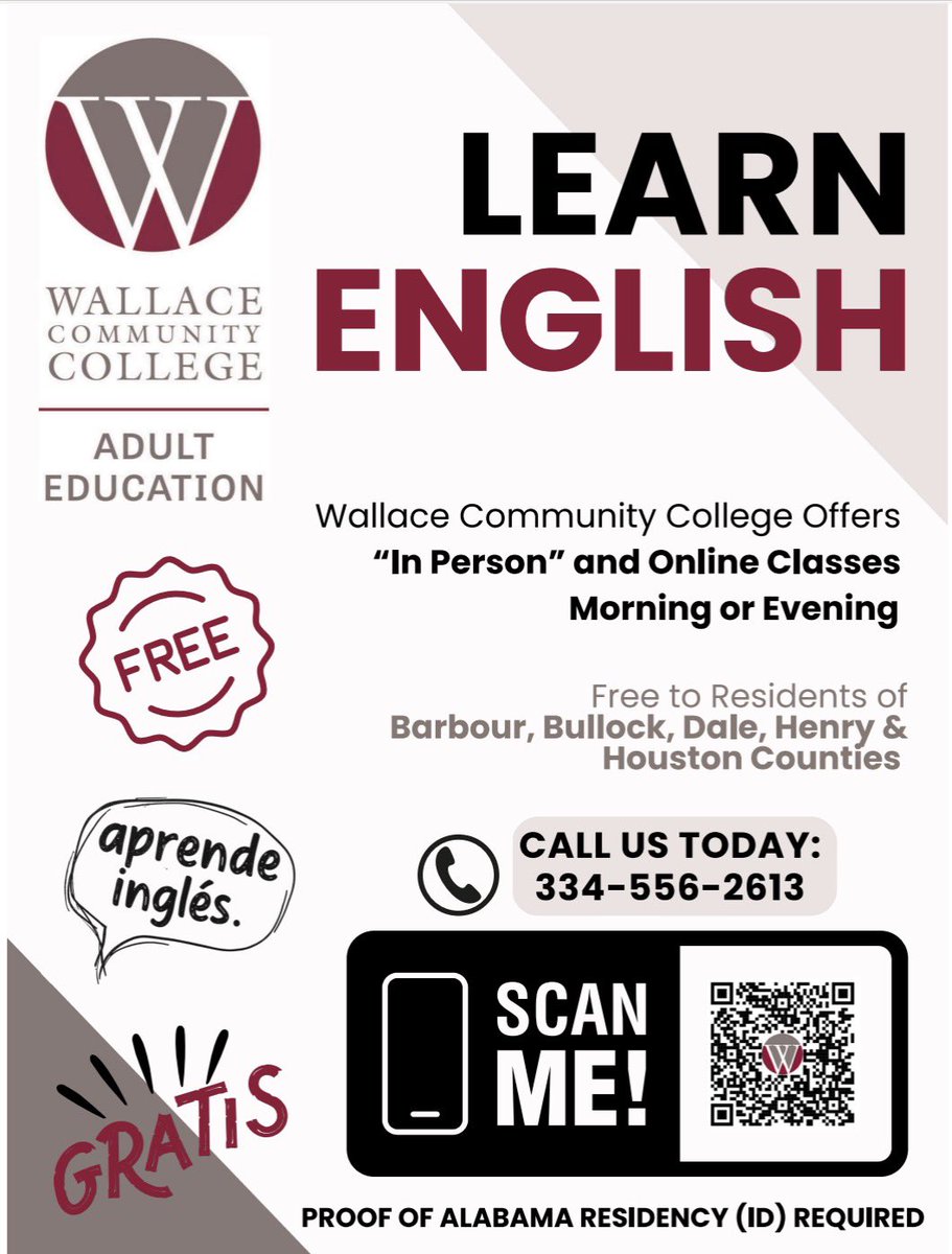 WCCAdultEd's tweet photo. Ready to learn English? Wallace Community College offers FREE ESL classes—in person or online, mornings or evenings—for residents of Barbour, Bullock, Dale, Henry &amp; Houston counties. Proof of Alabama residency required. Call 334-556-2613today! #ESL #AdultEducation https://t.co/WlCJ2w9BRf