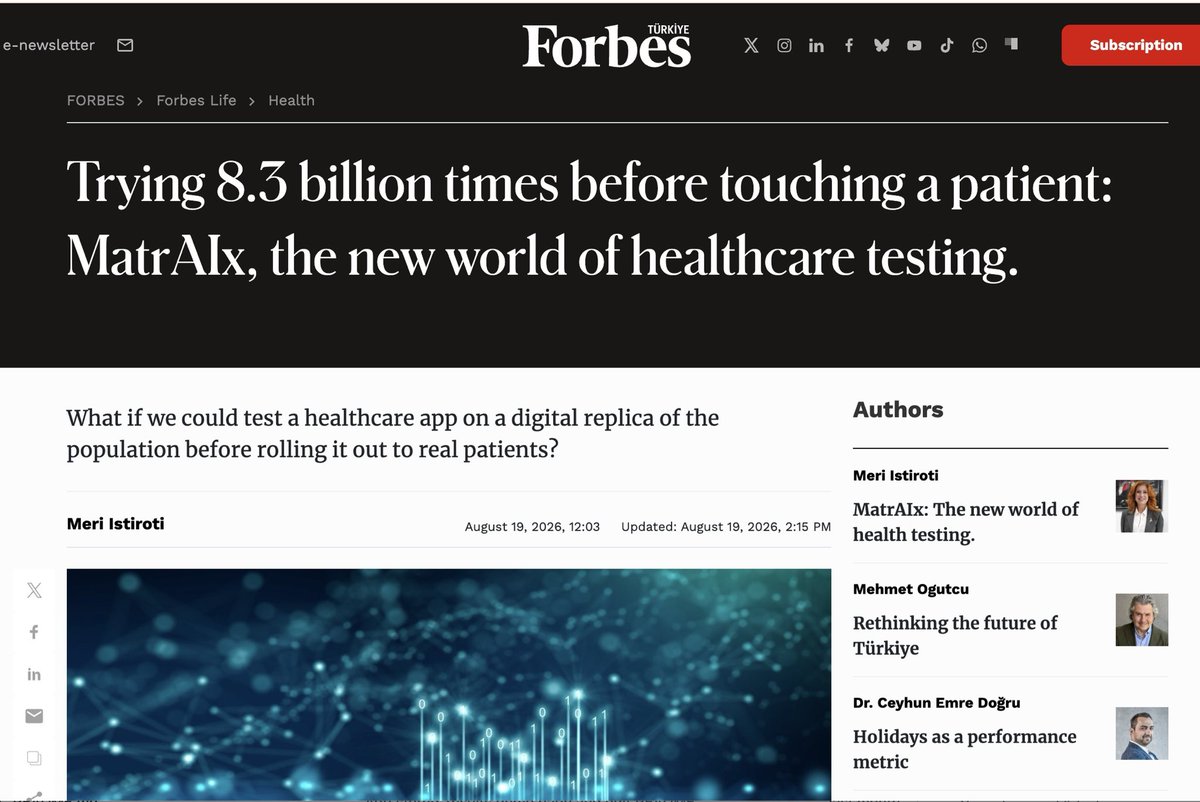 MatrAIx2026's tweet photo. 📰 Forbes just ran a full feature on MatrAIx.

The headline: “Trying 8.3 billion times before touching a patient.”

What MatrAIx does is simple: we make product evaluations cheaper, more efficient, and repeatable.

Explore the Future Today. Simulate before Reality.

#Forbes #AI #Tech #MIT #Harvard #Stanford