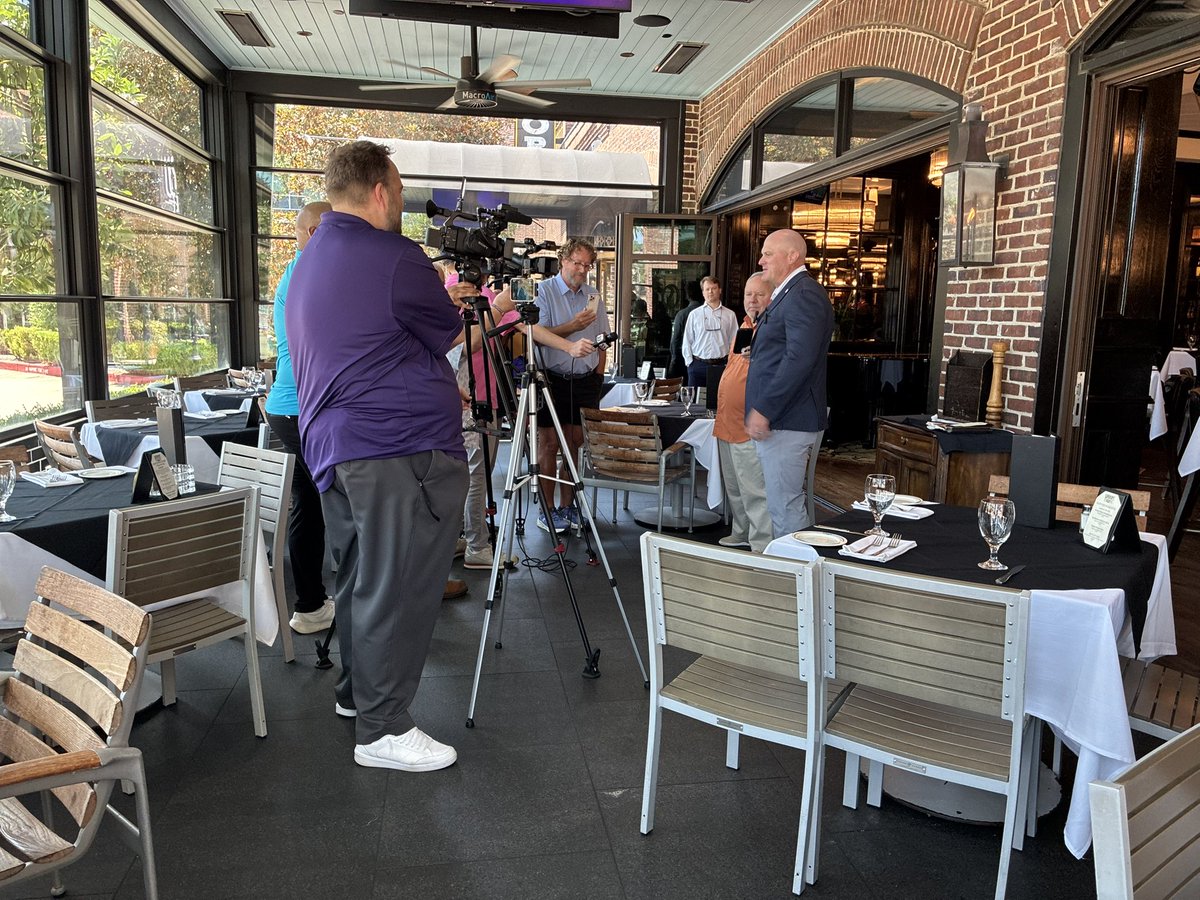 NSUDemonsFB's tweet photo. .@BlaineMcCorkle meets the media ahead of the NSU/@IndyBowl Kickoff Luncheon, a three-decade Shreveport tradition. 

#ForkEm https://t.co/asDBGyx0w5