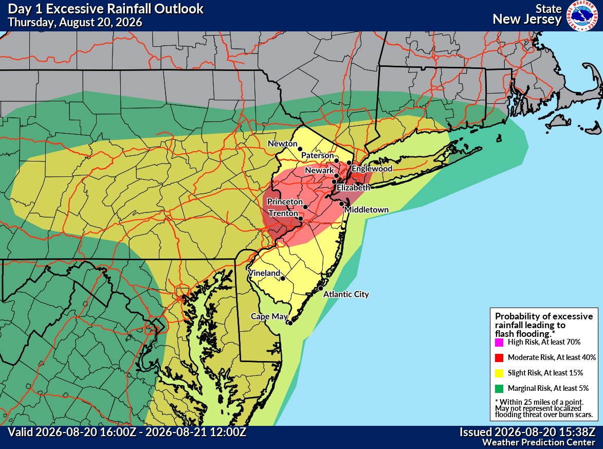 NWSWPC's tweet photo. 🚨There is a Moderate Risk of excessive rainfall (Level 4/5) today across central NJ, SE PA, and NYC Metro area, where numerous flash flooding events are likely, with significant events possible.🌩️🌧️⚠️

If you see flooded areas, turn around and don't drown! 🚗🌊 https://t.co/y0qC9VVOvm