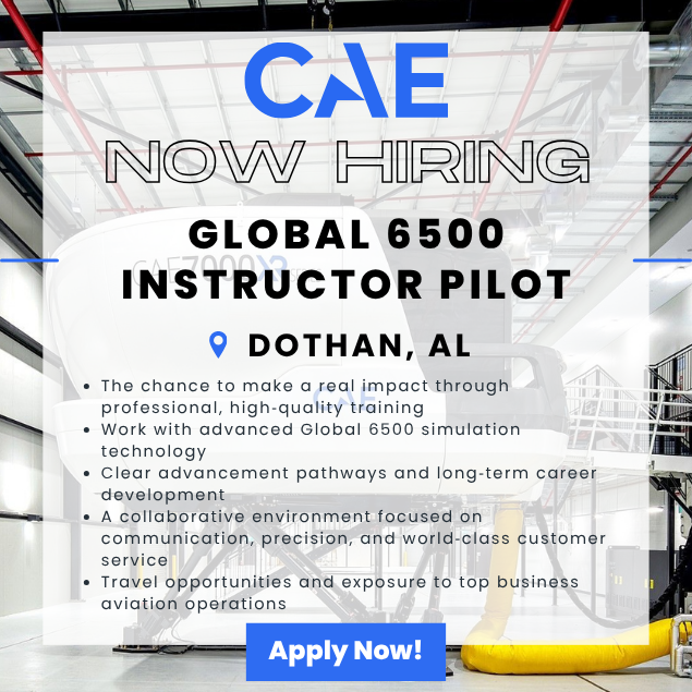 Pilotjob's tweet photo. CAE USA Inc. is looking for Global 6500 Instructor Pilots (TCE) in Dothan, AL!

✴️ Clear advancement pathways and long-term career development
✴️ Travel opportunities and exposure to top business aviation operations

Apply here ➡️ https://t.co/uGLydiknkk https://t.co/8pxclOqeTr