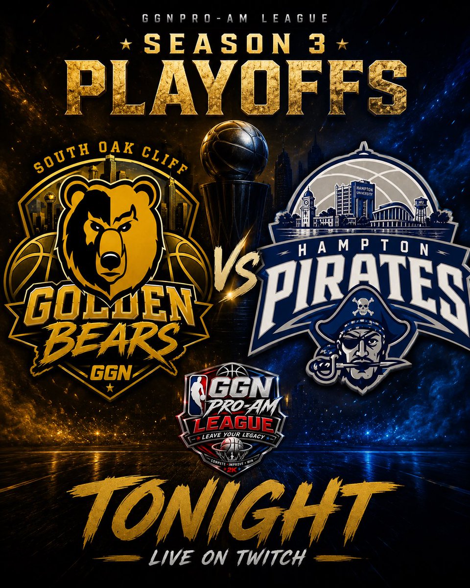 GGNProAmLeague's tweet photo. 🚨 GGN PRO-AM LEAGUE SEASON 3 🚨

South Oak Cliff vs. Hampton — the playoffs are here. 🏀🔥 One game, one elimination, and one team moves on. The Golden Bears and Pirates meet with their seasons hanging in the balance.

#GGNProAmLeague  #GGN2K https://t.co/IB3eJ8mAzx