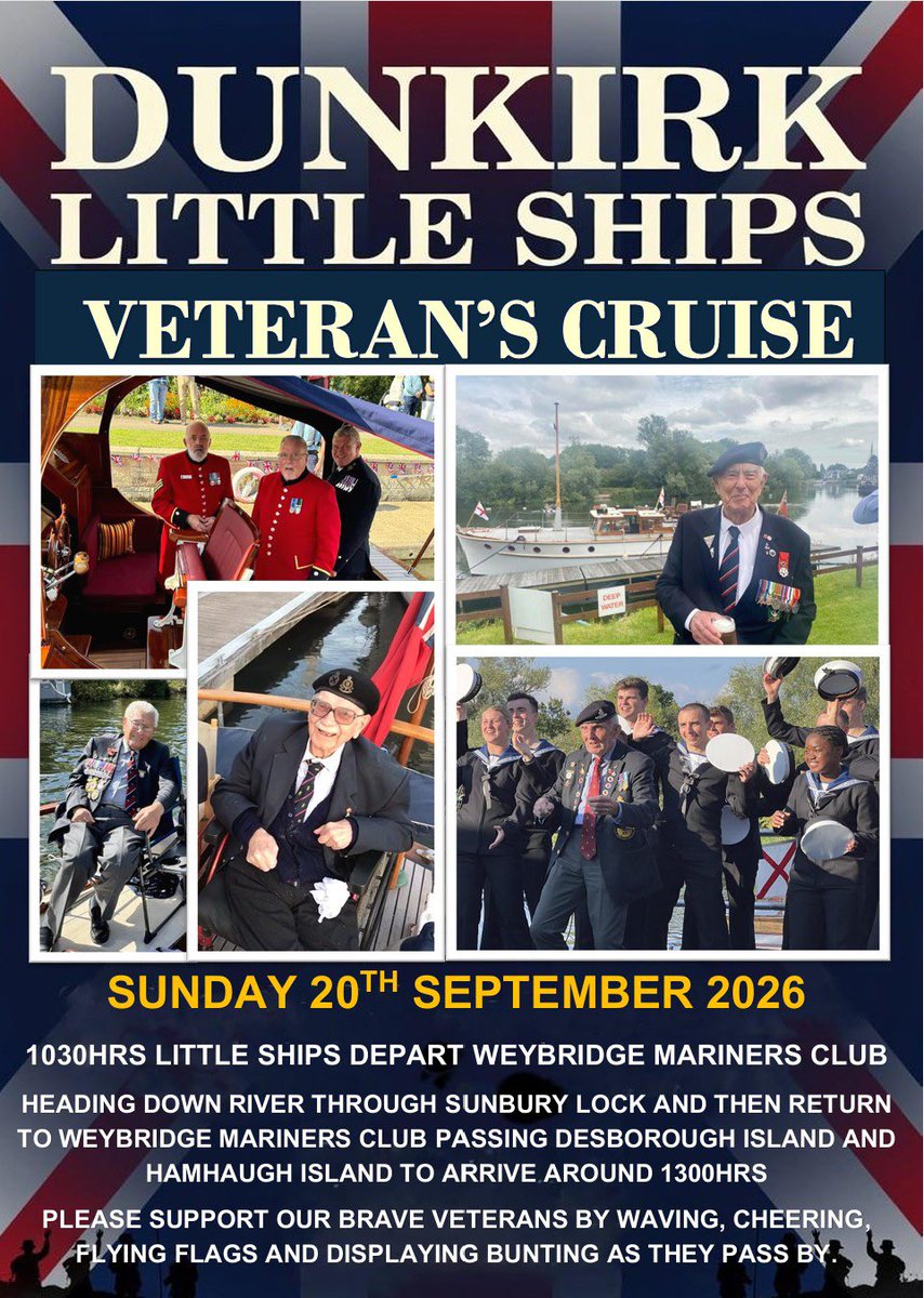 Dunkirk_Ships's tweet photo. On Sunday 20th Sept we will be hosting the annual Veterans Cruise. This year the Dunkirk Little Ships will be leaving Weybridge Mariners Club at 1030 hrs and will head down river to Sunbury Lock. Please come out and support our wonderful veterans. https://t.co/9frEo3mCNC