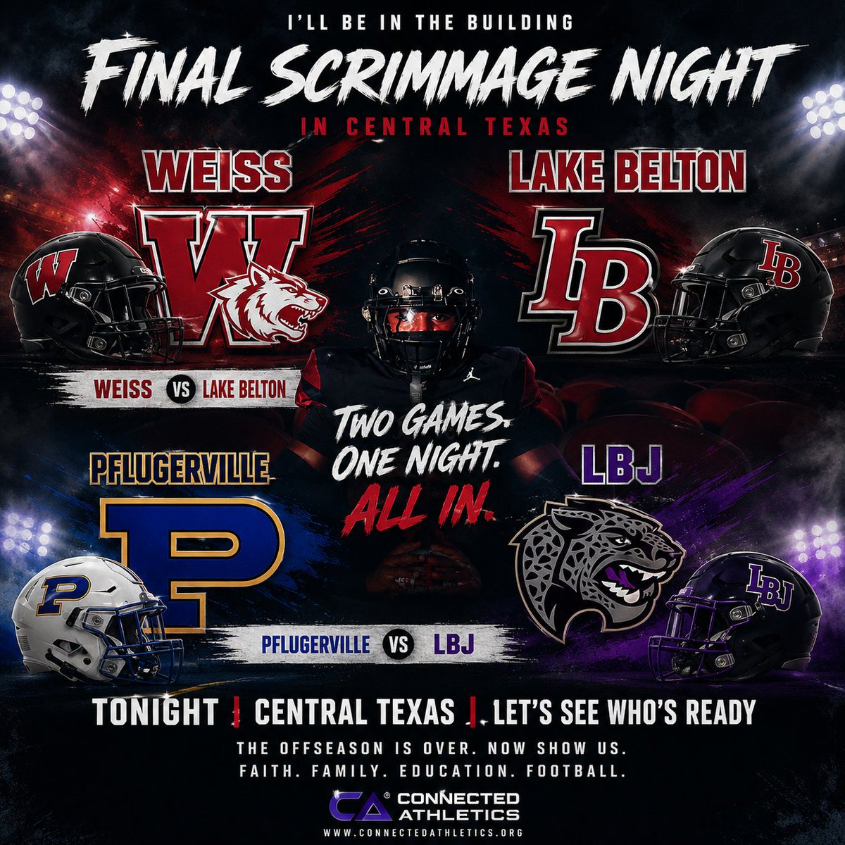 AWilliamsUSA's tweet photo. FINAL SCRIMMAGE NIGHT IN CENTRAL TEXAS! ๐
Iโll be making two stops tonight to close out the preseason:
๐ @WeissFootball vs @LBBroncoFB
๐ @PF_HighFootball vs @LBJSports
The offseason work is over. Now itโs time to SHOW IT when the lights come on.
Iโm excited to watch these young men compete, respond to adversity and set the tone for the 2026 season.
Texas HS Football is BACK. Letโs play some REAL football! ๐ฅ๐
#TXHSFB #CentralTexasFootball #ConnectedAthletics #FridayNightLights #EarnIt #Compete #FaithFamilyEducationFootball