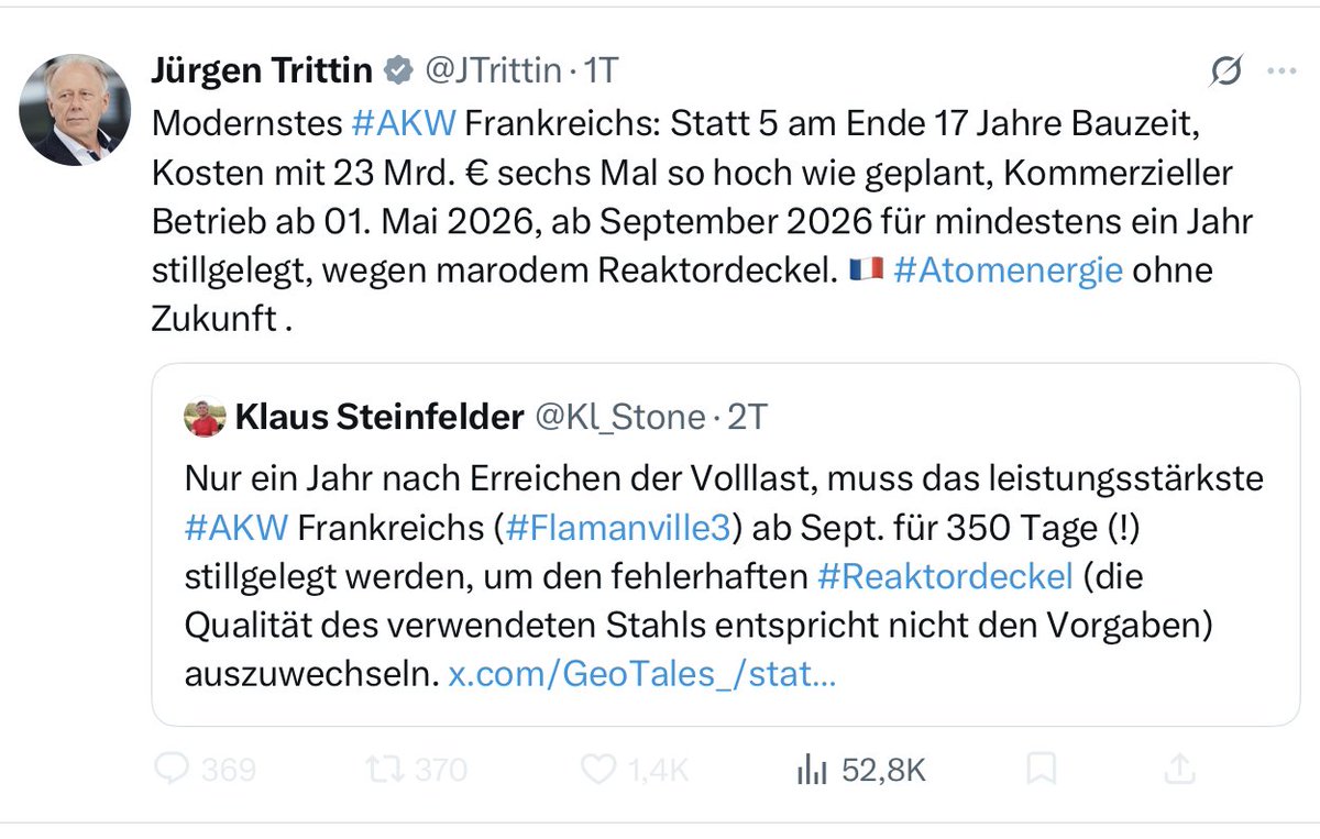 schnellenbachj's tweet photo. Jürgen Trittin ist 72 Jahre alt und wird sicher den Tag nicht mehr erleben, an dem der deutsche Strommix weniger CO2-intensiv ist als der französische.

Ich bin 20 Jahre jünger, ich auch nicht. Frage mich deshalb, wo dieser energiepolitische Hochmut gegenüber Frankreich herkommt. https://t.co/pcwk0R8OKY