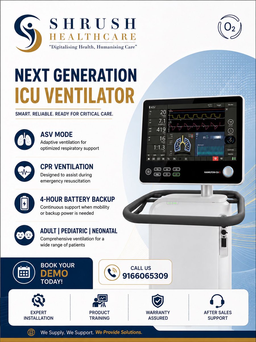 ShrushHealth's tweet photo. Introducing the Next Generation ICU Ventilator by Shrush Healthcare — designed for advanced respiratory support across Adult, Pediatric &amp; Neonatal care.

📞 Book your demo: 9166065309

#ShrushHealthcare #ICUVentilator #CriticalCare #MedicalEquipment #HealthcareSolutions https://t.co/5JI1VVraTm