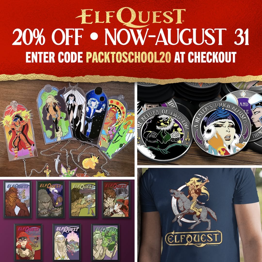 elfquest's tweet photo. Ayoooah! @Stands is having a big sale on their ElfQuest collectibles now through August 31.
This is the perfect chance to pick up #ElfQuest challenge coins, bookmarks, apparel, art prints and more!
Use code PACKTOSCHOOL20 at checkout: https://t.co/vOzpXfGimG https://t.co/JMOEB1IyY7