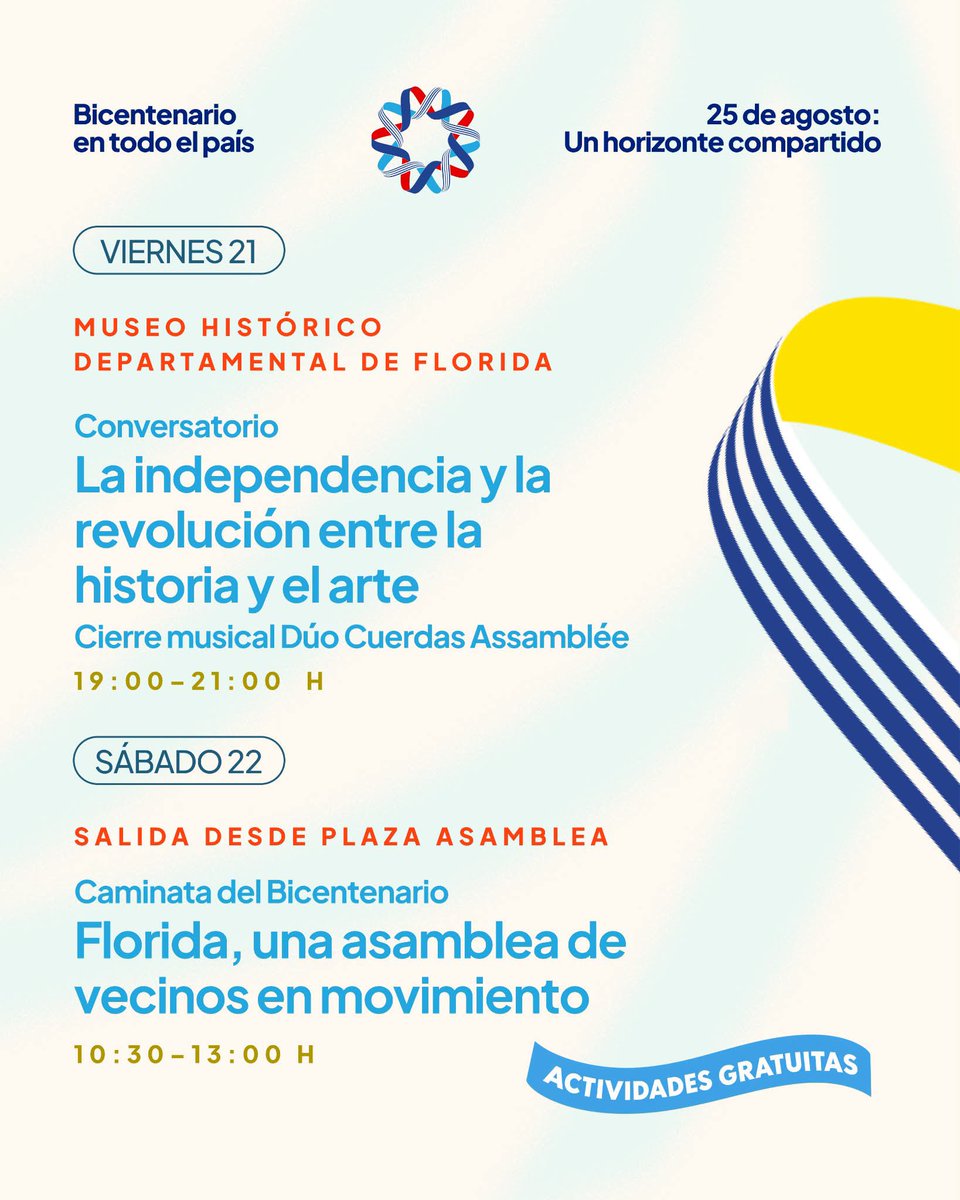 FloridaIDF's tweet photo. 🇺🇾 25 de Agosto, un horizonte compartido

Florida será escenario de actividades culturales, educativas y de reflexión histórica en el marco del Bicentenario.

📅 Del 20 al 22 de agosto
📍 Diferentes puntos de Florid
Conocé la programación completa en los flyers. 👇
@PajaroEnciso https://t.co/lQy5cKU9KZ