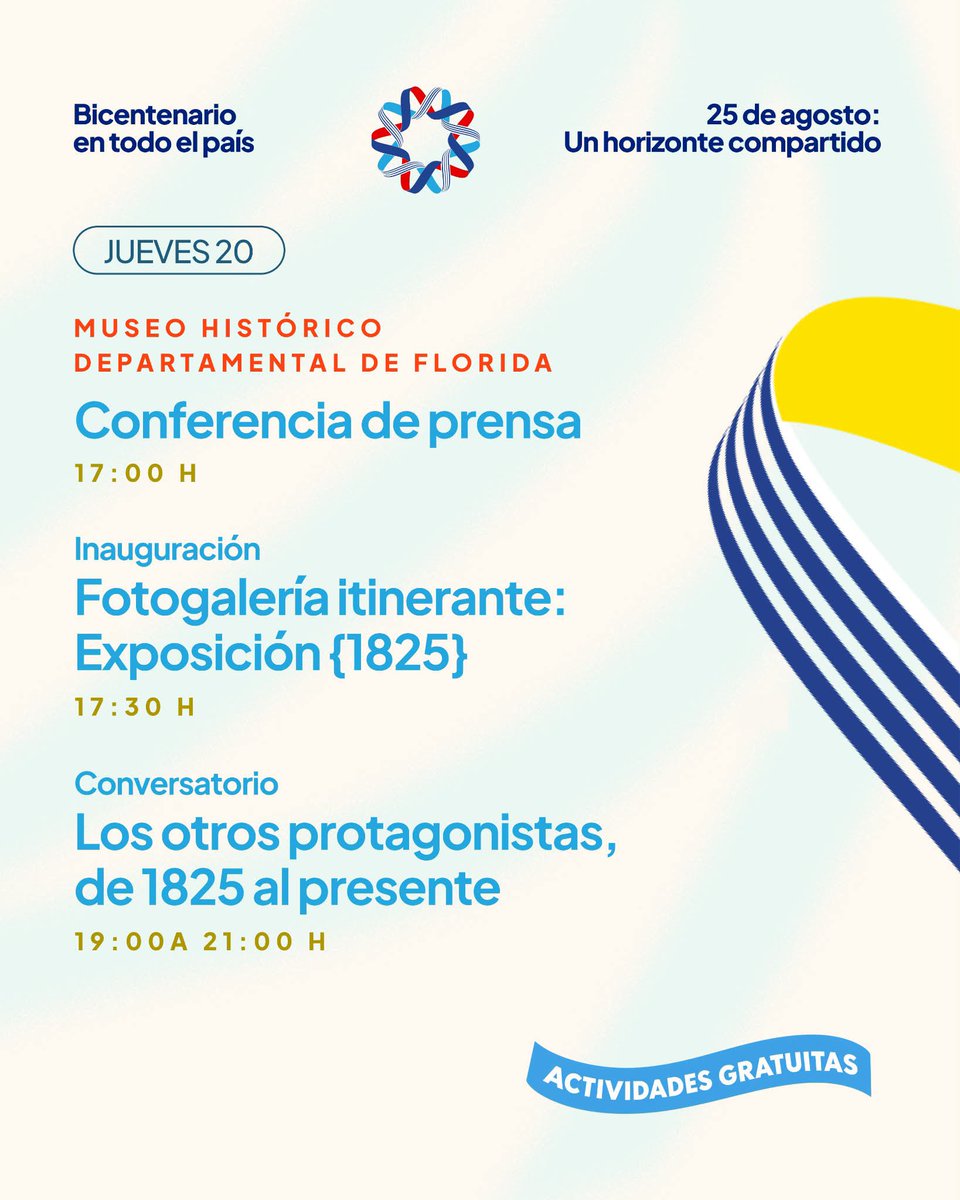 FloridaIDF's tweet photo. 🇺🇾 25 de Agosto, un horizonte compartido

Florida será escenario de actividades culturales, educativas y de reflexión histórica en el marco del Bicentenario.

📅 Del 20 al 22 de agosto
📍 Diferentes puntos de Florid
Conocé la programación completa en los flyers. 👇
@PajaroEnciso https://t.co/lQy5cKU9KZ