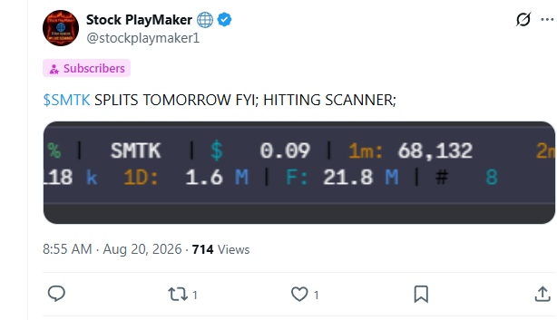 stockplaymaker1's tweet photo. $SMTK EVERYTHING THEY LIKE

THE POST SPLITS ARE SPIKING RECENTLY https://t.co/Lfg2w7nnMh