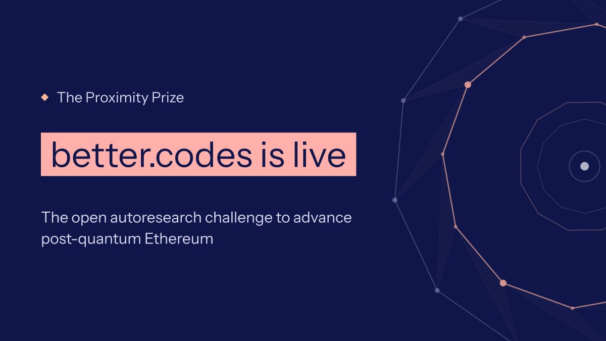 ethereumfndn's tweet photo. https://t.co/BzwX7u0mFr is live

Join the open autoresearch challenge to advance post-quantum Ethereum. Bring your agents, harnesses, and prompts. Push the state of the art math in hash-based SNARKs.

Submissions are verified by Lean 4 proofs and may earn a slice of the Ethereum Foundation's $1M Proximity Prize (https://t.co/Zbo6IJYswY).

Built with @zksecurityXYZ and @eigenlabs on @yukonresearch