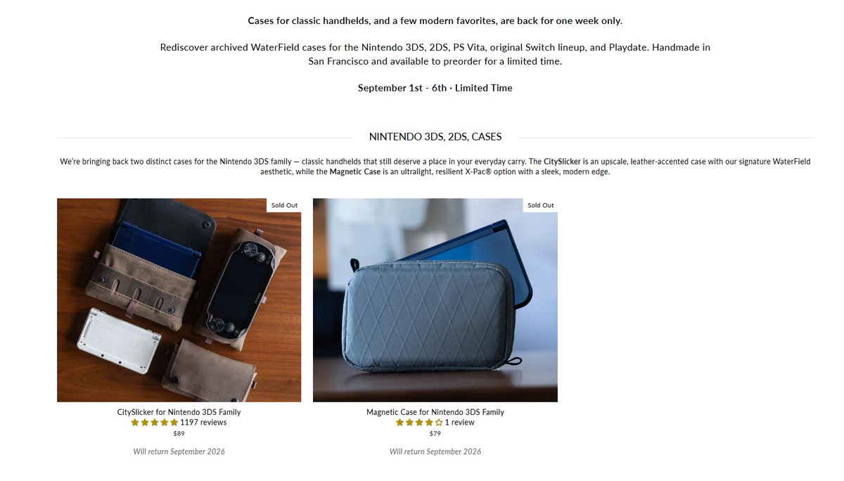 Wario64's tweet photo. WaterField 3DS/2DS/PS Vita/Switch/Playdate cases available Sept 1 - 6 https://t.co/zkOqNzvuYV https://t.co/nwsCliNAV2