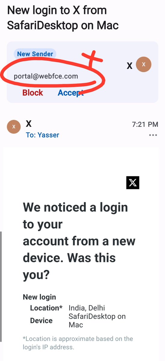 YAASSEEER's tweet photo. للأهمييييية ، يحدث حالياً رسائل بريد وهمية لتطبيق X بأن هناك دخول جهاز لحسابك وهي احتيال ذكي جداً.

 كثير من الحسابات اخترقت اليوم احذرررررر وركّز بالمرسل أولاً ⚠️📢 https://t.co/inI6KZBQdV