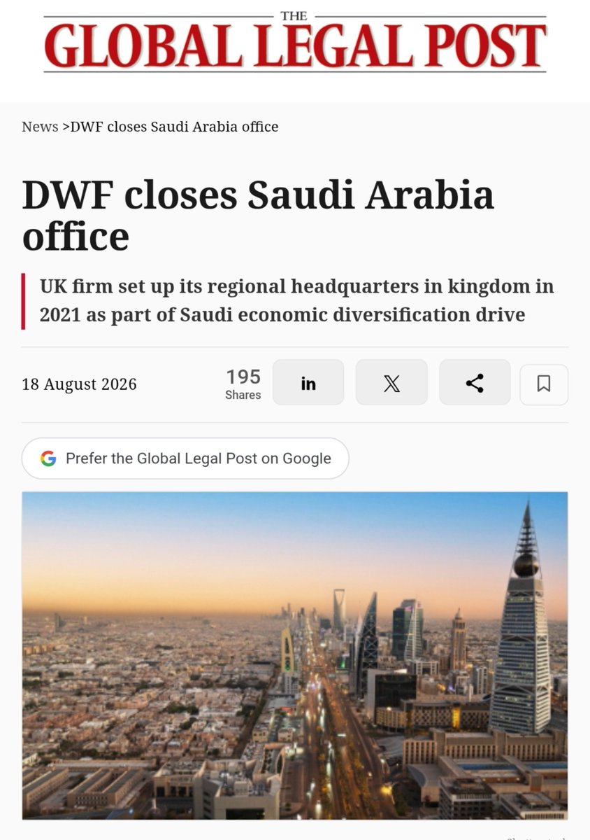 DrHuzam's tweet photo. أغلقت شركة المحاماة العالمية #DWF Group مكتبها الإقليمي في #الرياض بعد أقل من خمس سنوات على إفتتاحه.
و لم تفصح الشركة رسمياً عن الأسباب المباشرة واكتفت ببيان تؤكد فيه قدرتها على خدمة عملائها عبر الشركاء المحليين.
وتُعتبر شركة DWF أول شركة محاماة دولية كبرى (ضمن قائمة أقوى 200 شركة قانونية عالمياً) تُغلق مكتبها في الرياض منذ تحديث الأنظمة والتسهيلات الجديدة التي أقرتها السعودية لفتح القطاع القانوني أمام الشركات الأجنبية عام 2023.