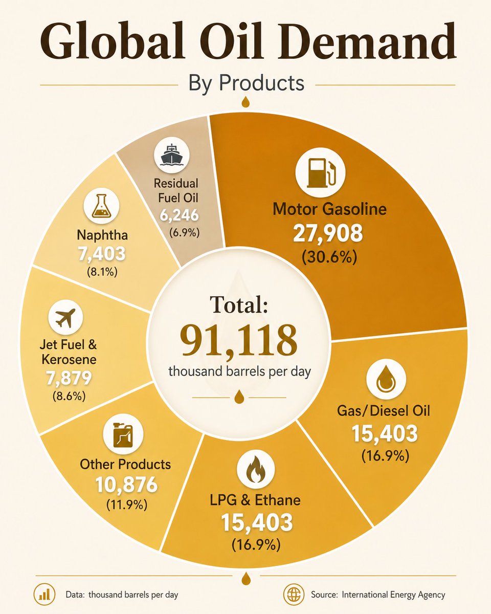 jackprandelli's tweet photo. ⛽ Global oil demand breaks down into product categories that don't get nearly enough attention next to the headline barrel count. 

Total demand runs 91.1 million barrels a day (IEA).

Motor gasoline is the single largest slice by far, 27.9 million bpd, 30.6% of everything. 

Gas/diesel oil and LPG & ethane are essentially tied behind it at 15.4 million bpd each, 16.9% apiece.

The rest splits across other products at 10.9 million bpd, jet fuel and kerosene at 7.9 million, naphtha at 7.4 million, and residual fuel oil, the bunker fuel that powers most of global shipping, at just 6.2 million bpd.

Every refinery decision, every crack spread headline, every diesel shortage story this year traces back to this split. 

Gasoline is the volume game. 

Diesel and jet fuel are where the margin stress actually lives right now.
https://t.co/LyOPpQ1FTT