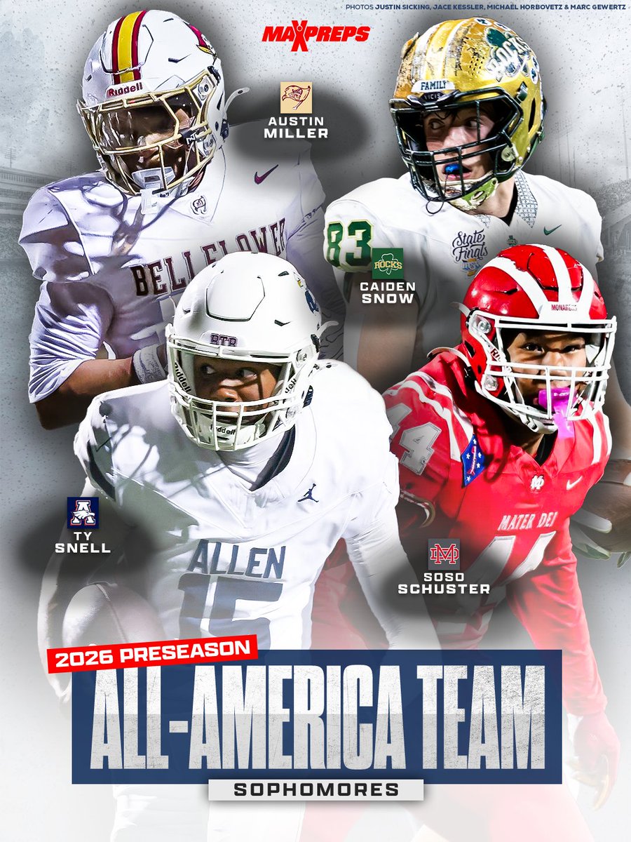 MaxPreps's tweet photo. These Class of 2029 standouts earned a spot on the 2026 Preseason MaxPreps Sophomore All-America Team. 🏈⭐️
Full story ⬇️
https://t.co/A1Av4VMYwb https://t.co/YZMkv5ggU7