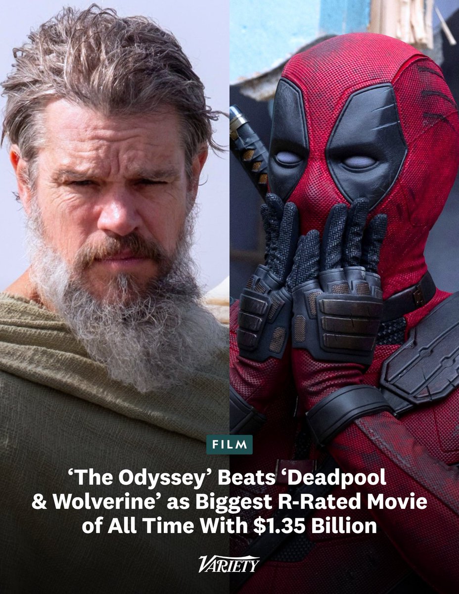 Variety's tweet photo. Christopher Nolan’s #TheOdyssey is now the biggest R-rated film in box office history.

“The Odyssey” has grossed $1.352B as of Aug. 20, topping #DeadpoolAndWolverine ($1.33B), #Joker ($1B) and Nolan’s own #Oppenheimer ($983M).

https://t.co/YAQnpIb74l https://t.co/vUcsTyvLSY