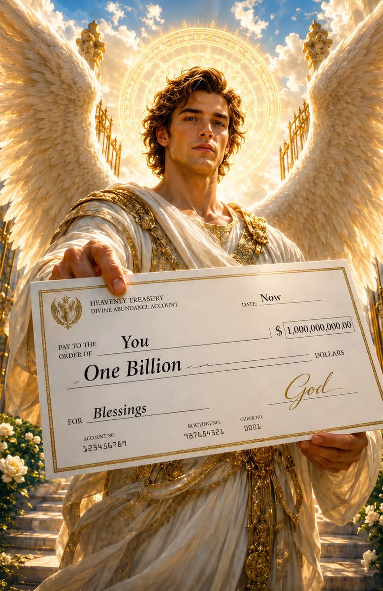 manifestpower4X's tweet photo. The heavens just signed a check for you.

One billion in pure blessings, divine abundance, and unexpected miracles — already deposited into your life.

No conditions. No delays. Just pure favor flowing from the Heavenly Treasury straight to you.

Receive it fully. This is your season of overflow.