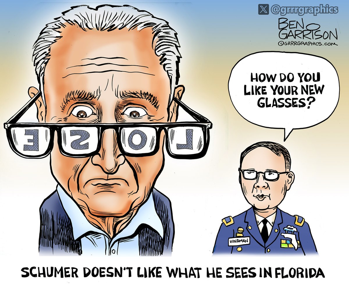 GrrrGraphics's tweet photo. 𝐒𝐜𝐡𝐮𝐦𝐞𝐫 𝐣𝐮𝐬𝐭 𝐠𝐨𝐭 𝐚 𝐛𝐫𝐚𝐧𝐝-𝐧𝐞𝐰 𝐩𝐚𝐢𝐫 𝐨𝐟 𝐠𝐥𝐚𝐬𝐬𝐞𝐬… 𝐏𝐫𝐞𝐬𝐜𝐫𝐢𝐩𝐭𝐢𝐨𝐧: 𝐋𝐎𝐒𝐄.👓🥸
Ben Garrison Cartoon🤠👍

Alex Vindman (Trump’s favorite “treasonous creep”) just got flattened in the Florida Democrat primary by a DSA socialist.  

The radicals are eating the old guard’s lunch, and Chuck is still squinting at the menu trying to figure out where the raw cheeseburger is.🍔
Always @grrrgraphicsfor more hard-hitting cartoons. 👍

This one is worth copying and sharing outside of X.👍🤠
More at Ben's Post:
https://t.co/dflOpJ98VF
