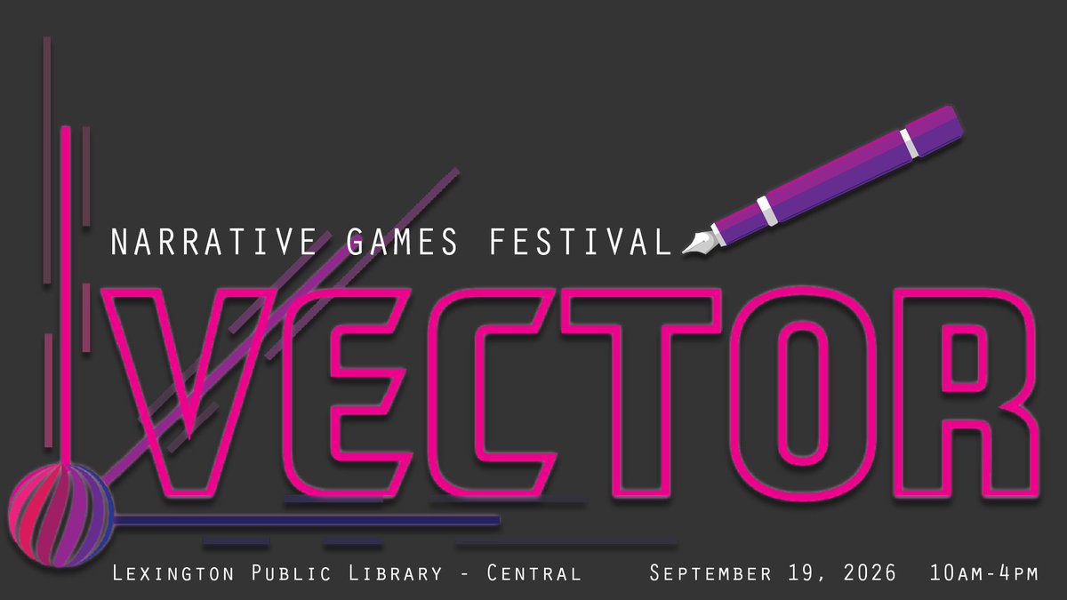 runjumpdev's tweet photo. Vector Narrative Games Festival is a one day game dev conf. focused on crafting interactive narratives, bringing together writers, designers, and game developers to explore how we tell stories through interactive media. 
Lexington Public Library Central
Sept. 19th, 2026
10am-4pm https://t.co/zQf5JgVzXe