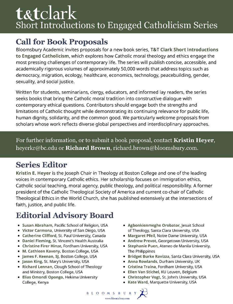 tandtclark's tweet photo. Call for Proposals: We are seeking book proposals for our new series, T&amp;T Clark Short Introductions to Engaged Catholicism. 

We're looking for accessible volumes on contemporary moral theology. Email Kristin Heyer (heyerkr@bc.edu) or Richard Brown (richard.brown@bloomsbury.com). https://t.co/JkGdfVGyPe