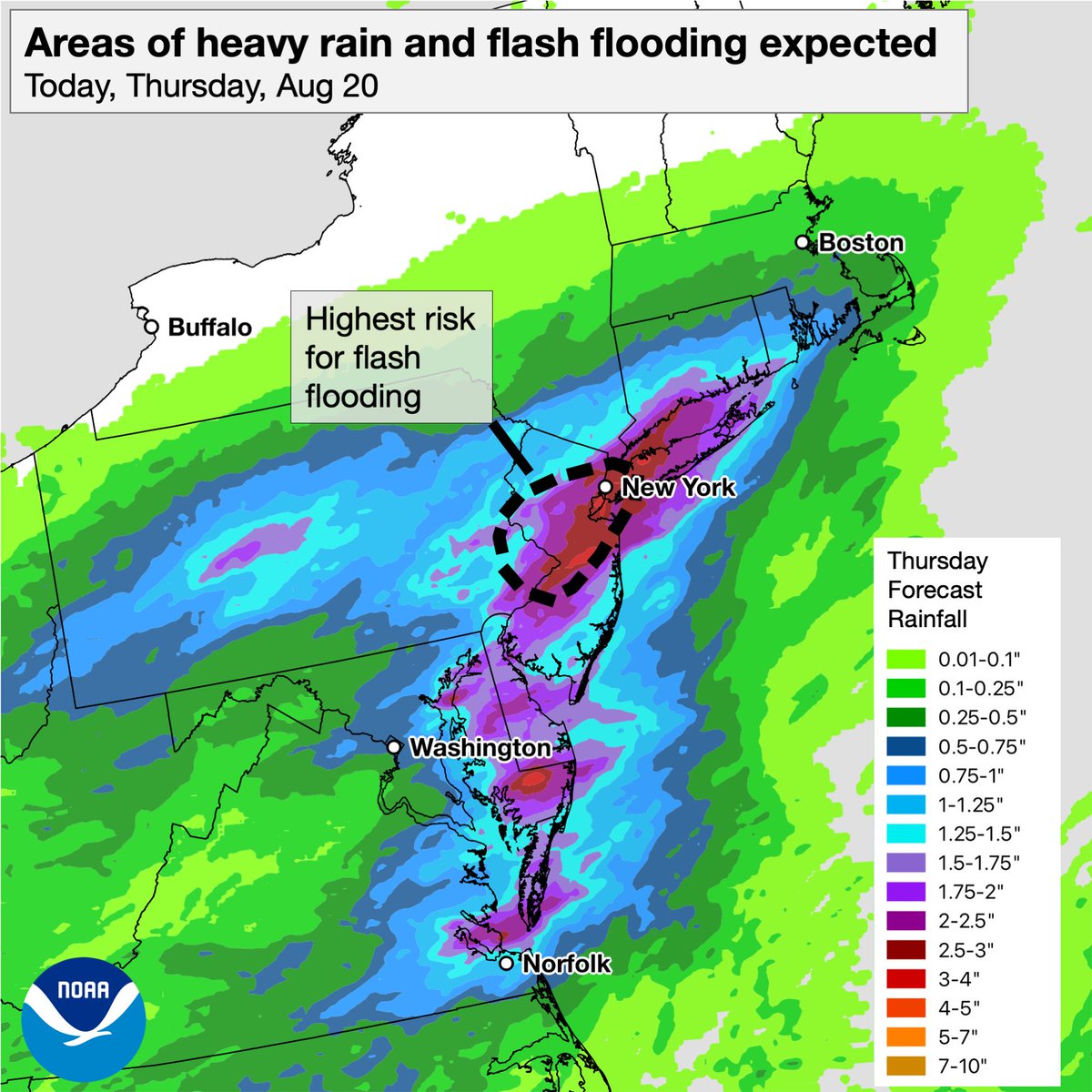 NWS's tweet photo. Excessive rainfall leading to flash flooding is possible today in the Mid Atlantic. The highest risk today - moderate (level 3 of 4) - is in the area including New York City and Philadelphia  highlighted on the map. Visit https://t.co/o5cxJlONPR for details. https://t.co/3AmqaPF7w2