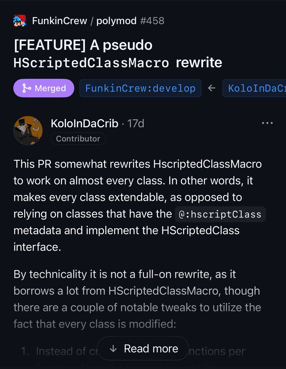 pictochat3's tweet photo. upcoming funkin update will allow you to extend any and all classes for scripts (previously, you could only extend a small set of classes)…..you can now play god with modding. (shoutout to kolo he’s super cool)

i’m scared. please use your newfound powers responsibly. https://t.co/vdIfVu4HPb