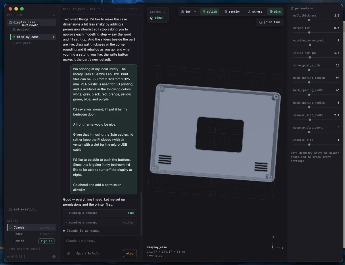 A Screenshot of Nurb.dev's application. On the left-hand side is a project list with agents. The next column has a chat window. The third column has a rendering of the model, and the fourth column has parameters that can be adjusted.
