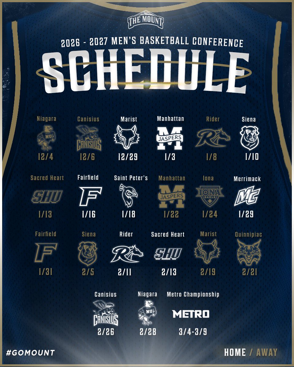 MountHoops's tweet photo. Your Mount St. Mary's Men's Basketball Schedule is here ! ! ! !

Mark your calendars and check out https://t.co/1c93ZgpXt4 for a deeper look at the 2026-27 Mount Men's basketball schedule!

#GoMount https://t.co/zRaci9Rlsb