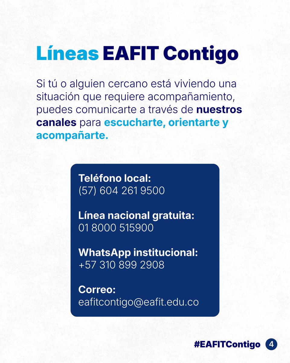 EAFIT's tweet photo. En momentos como este, nuestra solidaridad está con las personas, familias y comunidades afectadas por el sismo. 🫂

Desde #EAFIT queremos acompañar y estar cerca de quienes hoy más lo necesitan. Por eso creamos #EAFITContigo, una ruta de atención para nuestros estudiantes, profesores y colaboradores. 🇨🇴

💭Queremos empezar por escucharlos. Los invitamos a responder la encuesta EAFIT Contigo para conocer cómo están, las afectaciones que han tenido y las necesidades que puedan estar presentes. 💙