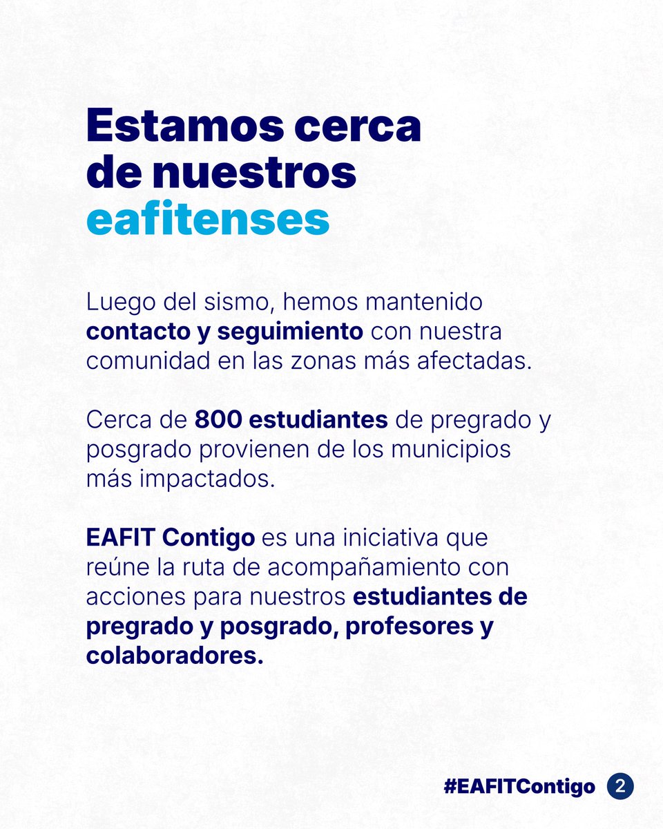 EAFIT's tweet photo. En momentos como este, nuestra solidaridad está con las personas, familias y comunidades afectadas por el sismo. 🫂

Desde #EAFIT queremos acompañar y estar cerca de quienes hoy más lo necesitan. Por eso creamos #EAFITContigo, una ruta de atención para nuestros estudiantes, profesores y colaboradores. 🇨🇴

💭Queremos empezar por escucharlos. Los invitamos a responder la encuesta EAFIT Contigo para conocer cómo están, las afectaciones que han tenido y las necesidades que puedan estar presentes. 💙