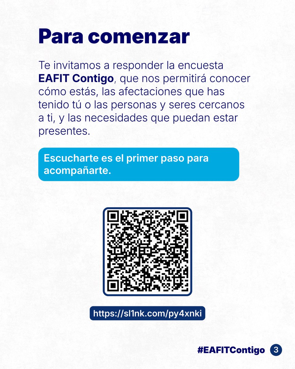 EAFIT's tweet photo. En momentos como este, nuestra solidaridad está con las personas, familias y comunidades afectadas por el sismo. 🫂

Desde #EAFIT queremos acompañar y estar cerca de quienes hoy más lo necesitan. Por eso creamos #EAFITContigo, una ruta de atención para nuestros estudiantes, profesores y colaboradores. 🇨🇴

💭Queremos empezar por escucharlos. Los invitamos a responder la encuesta EAFIT Contigo para conocer cómo están, las afectaciones que han tenido y las necesidades que puedan estar presentes. 💙