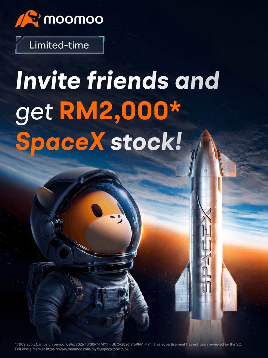 darrellwyc's tweet photo. Invite Friends &amp; Enjoy RM2000* SpaceX Bonus Stocks!

🤝Invite friends to join moomoo &amp; Enjoy up to RM2000* SpaceX bonus stocks — Build your space economy portfolio!

🔥Don't miss out on these benefits!

#moomoo #SpaceX #USStocks #FinancialPlanning #FreeStock #LowEntryInvestment https://t.co/Pa3Udvzdaa