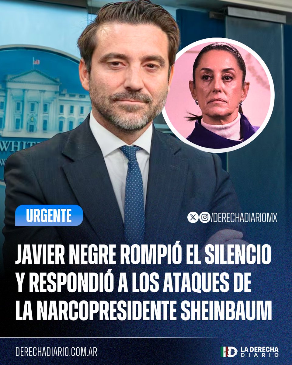 DerechaDiarioMX's tweet photo. 🚨🇲🇽🇪🇸 | URGENTE — El Director de La Derecha Diario @javiernegre10 rompió el silencio y respondió a los ataques de la comunista Claudia Sheinbaum: 

"No voy a permitir que una narcopresidenta me de lecciones de moral y me intente relacionar con asuntos personales que enfrentan otras personas en público. Una mujer a la que la han colocado los cárteles para facilitar la mano libre al crimen en el país.

En su mandato se han asesinado 19 periodistas mientras se dedica a señalarnos públicamente en sus mañaneras.

Tiene más de 135.000 desapariciones sin resolver.

Un país con 30.000 asesinatos al año ( ni en países en guerra hay esos datos)

Valora como buen dato 40 asesinatos al día bajo su gobierno.

Cada vez que detienen a uno de sus jefes te jefes se le cae el país.

Nadie la toma en serio en Washington, hasta el presidente Trump dice públicamente que es una títere del narco y los cárteles gobiernan México.

Es la persona más importante de México y apenas llevas seguridad, tiene el aval del narco y su protección mientras los periodistas tenemos que llevar guardaespaldas.

Es curioso que ahora le preocupe el crimen, el mismo que la llevó a ser presidenta."