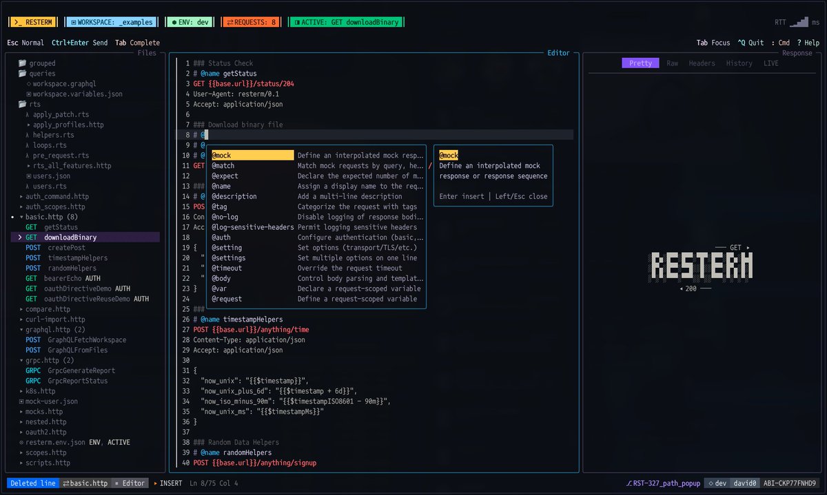 davido_shell's tweet photo. I released v1 a couple of days ago, so resterm is now in its stable release window. If you're interested in a TUI API client that takes a different approach from other clients, give resterm a shot: https://t.co/eAA0Qvn4ju
#api #go #golang #apiclient #postman https://t.co/Sr0K9puTKE
