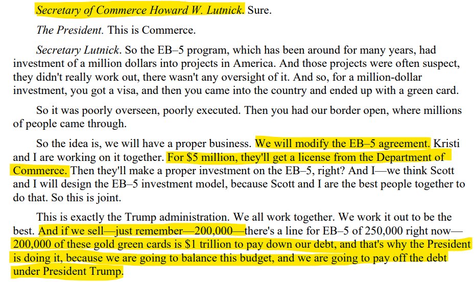 charliebilello's tweet photo. "If we sell 200,000 ... 200,000 of these gold green cards is $1 trillion to pay down our debt, and that's why the President is doing it, because we are going to balance the budget, and we are going to pay off the debt under President Trump." - Howard Lutnick (February 26, 2025) https://t.co/hoMOZOPwhf