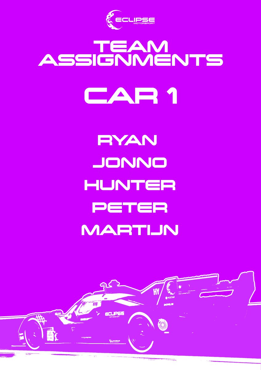 TeamEclipseMS's tweet photo. 🚨 TEAM LINE-UPS 🚨

Let's go! Our team line-ups are here for this weekend's Daytona 24.

Best of luck to all our drivers! ⚫🟣🟡

#iRacing #SimRacing #Daytona24 https://t.co/rqLwf1u92z
