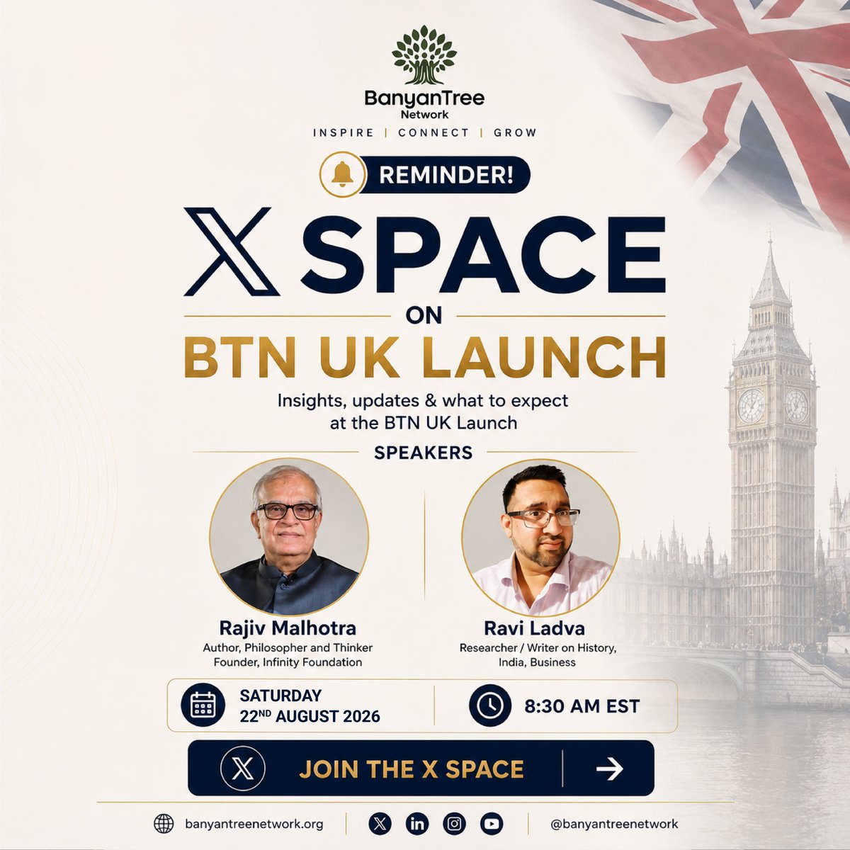 Banyantree_org's tweet photo. This Saturday! 
Don't miss the BTN UK launch X Space featuring @RajivMessage  and @Ravi_Ladva1 hosted by @itiha29. 
Save the link below and set your reminder so you don't miss out! 
🔗https://t.co/qlIstOb3V3 https://t.co/BnC2ig73nz