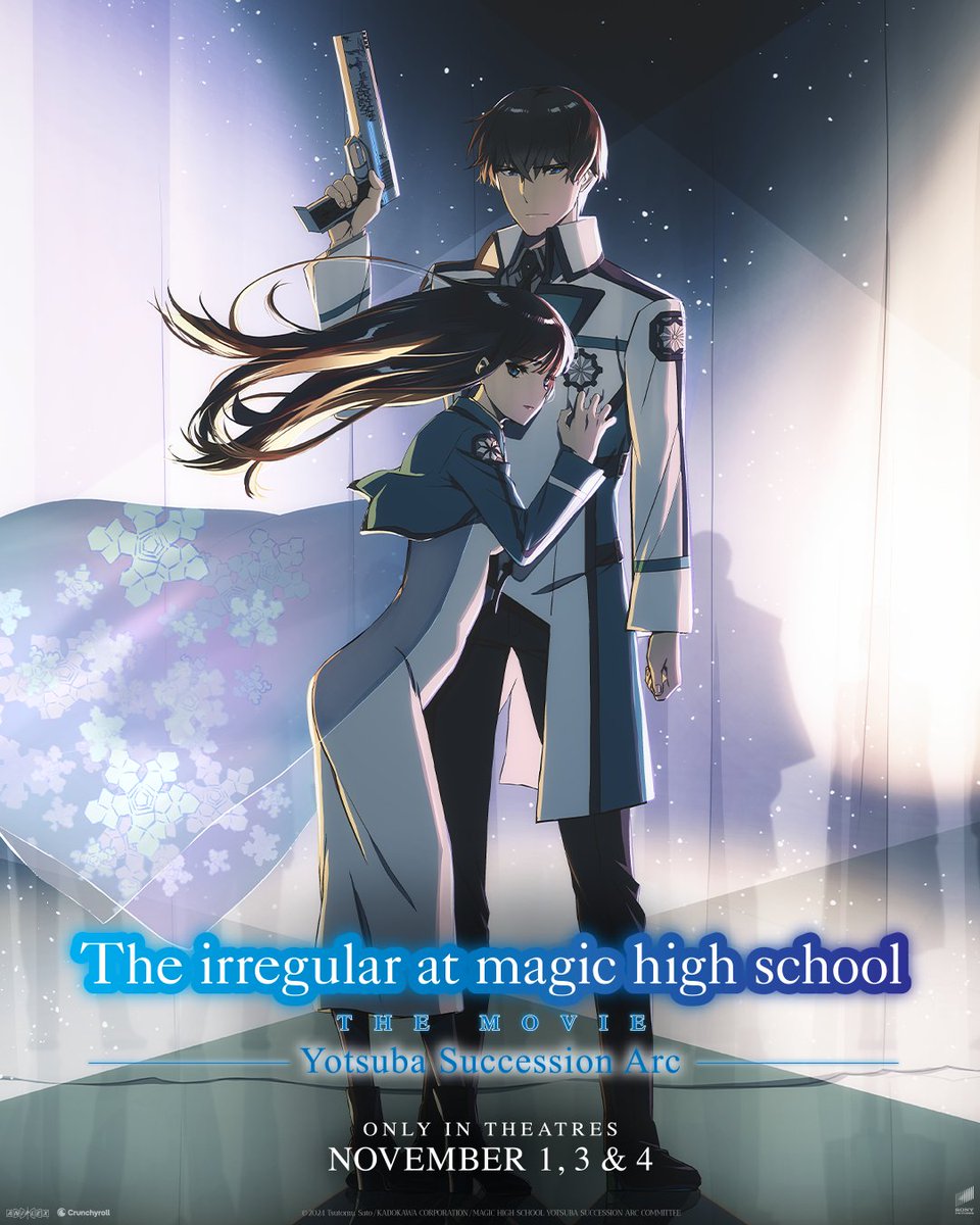 Crunchyroll's tweet photo. The Yotsuba family’s secrets will finally be revealed. Watch The Irregular at Magic High School THE MOVIE -Yotsuba Succession Arc- in theatres for three days only: November 1, 3, and 4.

✨ More: https://t.co/bxlZroDmuY https://t.co/dDljRs70PA