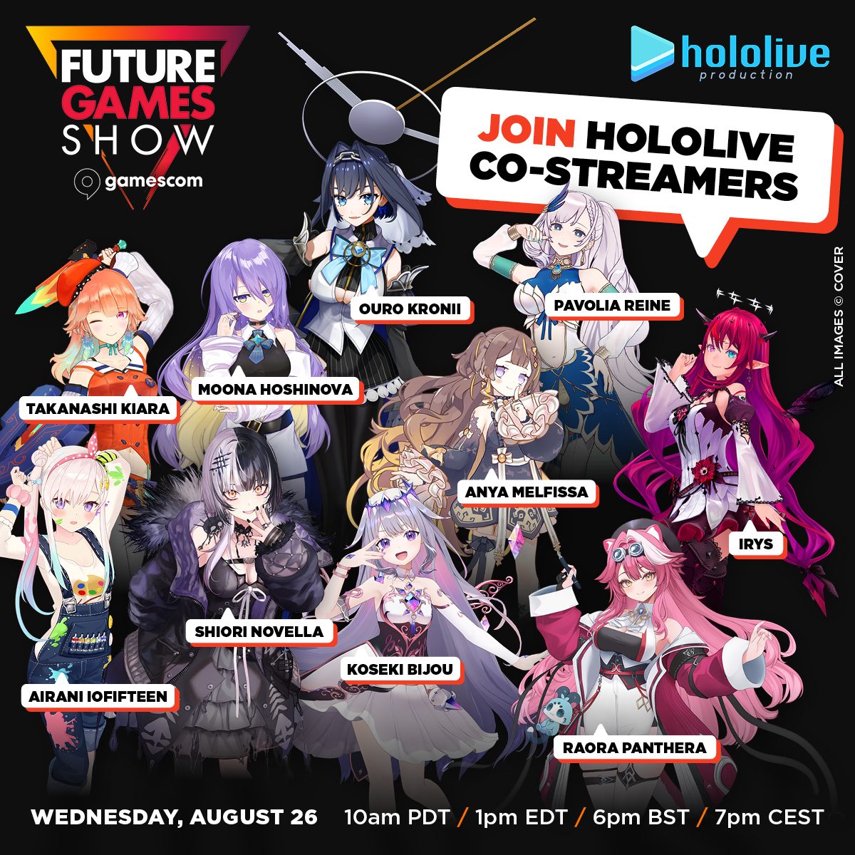 FutureGamesShow's tweet photo. They're baaaaack! 

We're thrilled to announce that @hololive_En and @hololive_Id's official co-streamers (tagged in the comment below!) will be sharing the Future Games Show next week! 

Tune in with your fave streamers as they react live to the show on their channels! https://t.co/wZjdN2uyg3