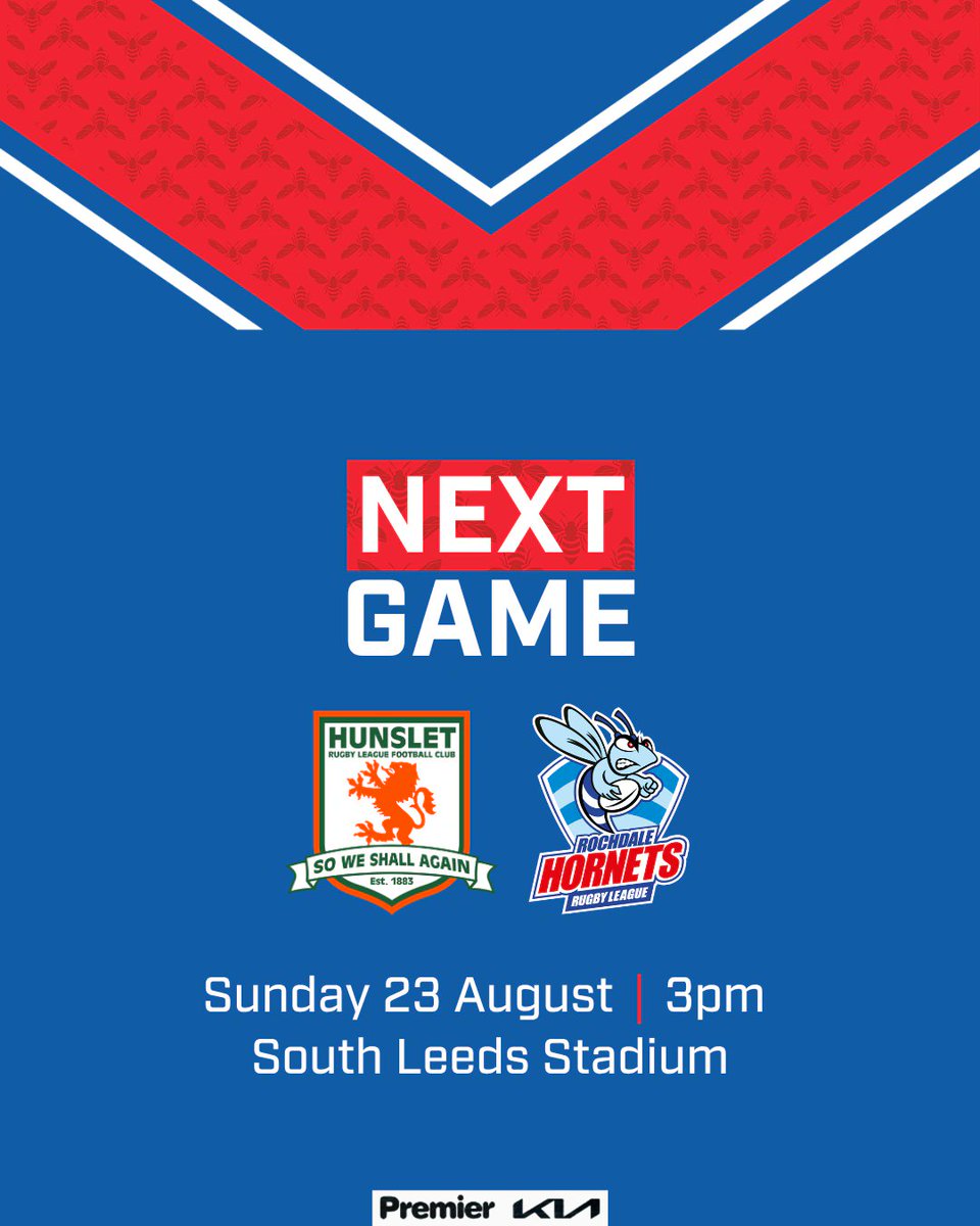 RochdaleHornets's tweet photo. On the road for our penultimate fixture of the regular season! 🗺️

🆚 Hunslet
📅 Sunday 23 August
🏟️ South Leeds Stadium
⏰ 3pm kick-off
🏆 Betfred Championship

🎟️ https://t.co/UiOgtGgb2z https://t.co/vNelehsgAg