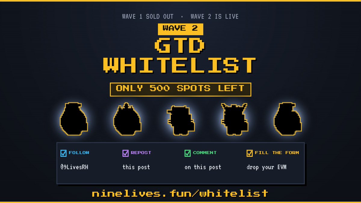 9LivesRH's tweet photo. Wave 2 GTD whitelist is OPEN!!! 🐾🐾

only 500 spots left before we close public and hand the rest to collab partners.

Follow @9LivesRH 
Repost 
Comment
Fill the form
https://t.co/xTz608pIs5 https://t.co/xqa5MifURa