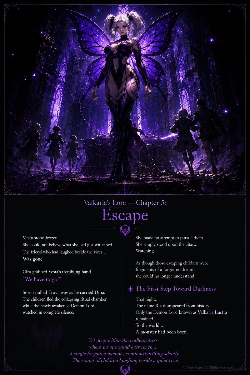 VaneAsterxix's tweet photo. "To the world... A monster had been born."

​Valkaria’s Lore — Chapter 5: Escape
As Vesta and the children flee the collapsing ritual chamber, Valkaria takes her first step toward darkness. Read the poignant chapter below!

​#Valkaria #OC #DarkFantasy #VaneAster #CharacterLore https://t.co/DIGjRC4qfK